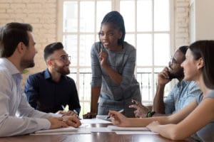 Female, Black, Executive ,Leader,Talking To Happy, Diverse, Employees, Group